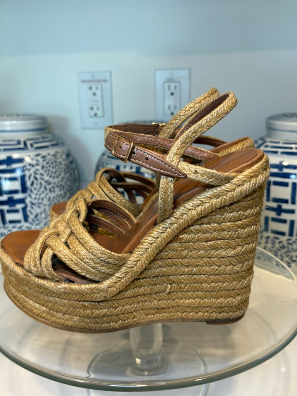 Saint Laurent Tribute Beige Braided Jute Platform Wedge Sandals 36 6 - Picture 6 of 12